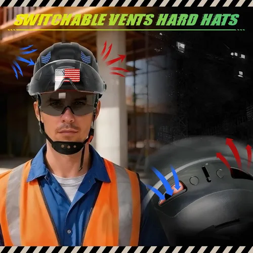 Vista 4 de Construction Hard Hats with Clear and Tinted Visor - OSHA Approved ANSI Z89.1 Dual Eye Protection Black Hard Hat with Chin Straps for Men