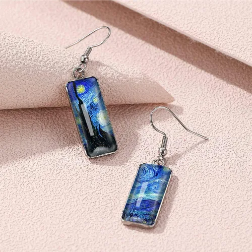 Vista 3 de Van Gogh - Aretes colgantes con diseño de girasol y cielo estrellado para mujer, aretes de arte abstracto