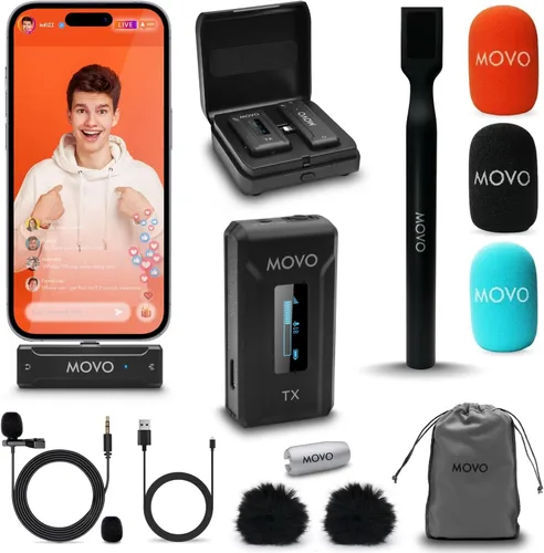 Vista 10 de Movo WMX-2 Micrófono de solapa inalámbrico Lavalier con estuche de carga y adaptador de mano WMX-HM - Micrófono Lav, micrófono de solapa de 2.4 GHz