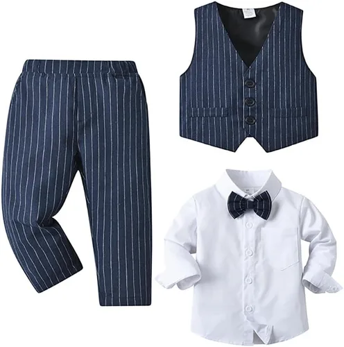 Vista 20 de IDOPIP Trajes de otoño e invierno para niños pequeños, camisa de manga larga con corbatín + chaleco + pantalones largos, overoles