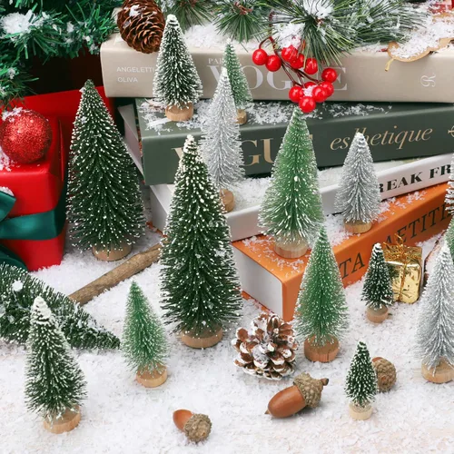 Vista 3 de 30 piezas de mini decoración de árbol de Navidad, árbol de Navidad artificial, 5 tamaños, mini árboles de escarcha de nieve de sisal con base