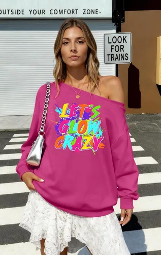 Vista 2 de Traje de los años 80 para mujer Let's Glow Crazy Shirt Off The Shoulder Sudadera Vintage Neon Disco Party Pullover
