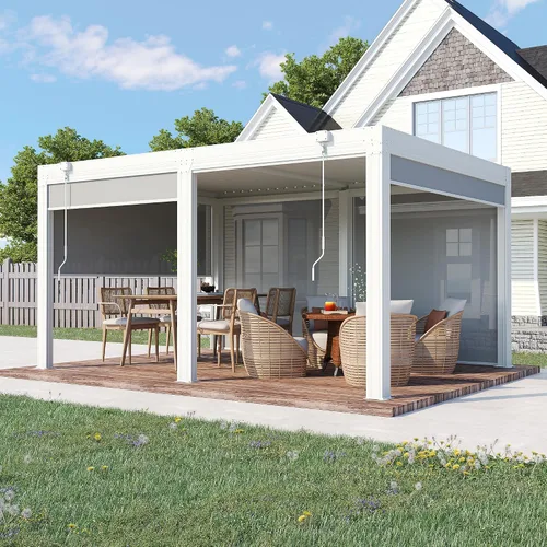 Vista 11 de EROMMY Pérgola con Persianas de 10x10 Pies, Refugio de Sombra Solar para Exteriores con Marco de Aluminio y Techo de Metal Ajustable Resistente a