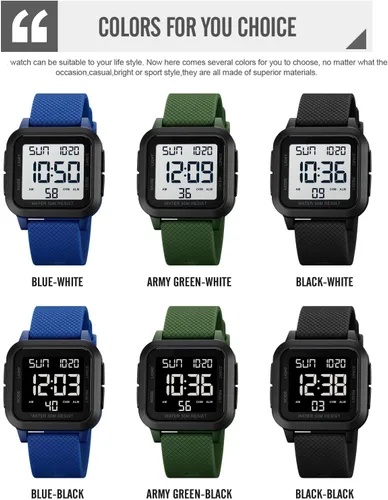 Vista 6 de Reloj digital deportivo para hombre, resistente al agua, con retroiluminación LED, alarma, temporizador de cuenta regresiva, doble hora, cronómetro