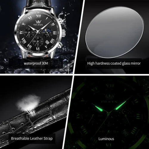 Vista 5 de OLEVS Relojes para hombre de vestir cronógrafo analógico cuarzo fase lunar para hombre luminoso impermeable relojes de pulsera masculinos