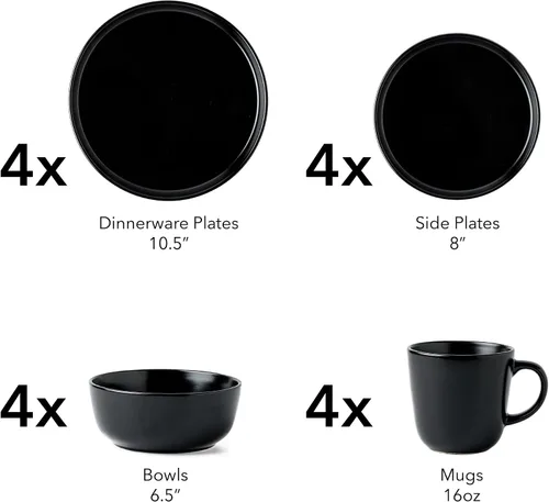 Vista 2 de ARORA SKUGGA Juego de vajilla redonda de cerámica de 16 piezas de 4, platos, platos pequeños, cuencos y tazas - Negro mate (472979)