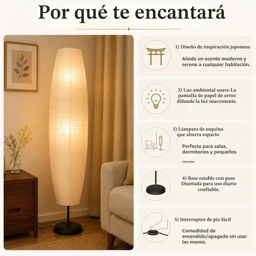 Vista 7 de Lámpara de pie de papel de arroz de estilo japonés, 54 pulgadas