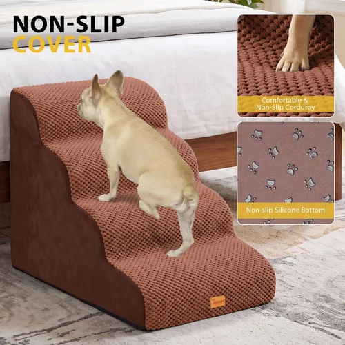 Vista 5 de Escaleras de 4 escalones para perros pequeños, escalones de espuma antideslizante para mascotas para camas altas Marrón