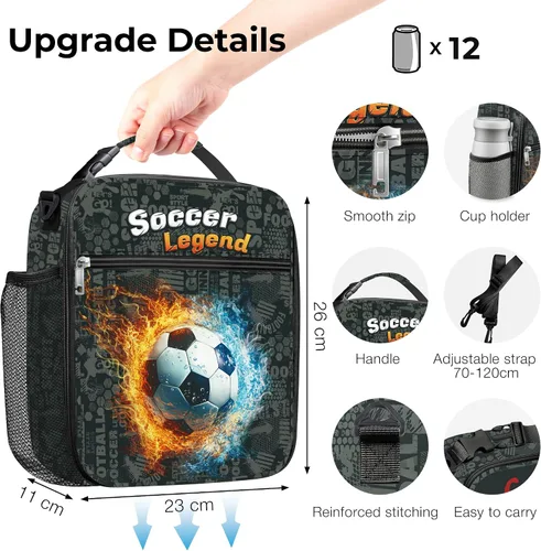 Vista 6 de Clastyle Bolsa de almuerzo con aislamiento 3D para niños, bolsa térmica grande para niños, picnic, escuela, lonchera tote, fútbol de fuego