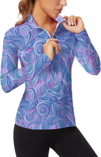 Vista 20 de WOWENY - Camiseta de manga larga con cremallera de 1/4 para mujer, con cuello, para hacer deporte, con estampado, para tenis Hoja multicolor.
