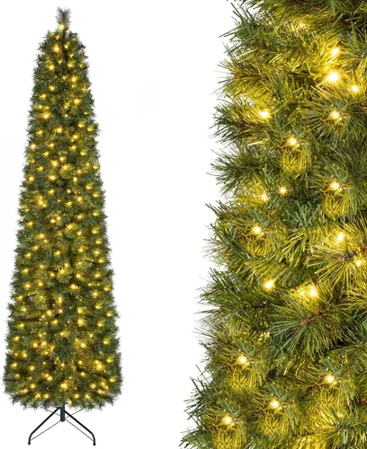 Vista 52 de GOFLAME Árbol de Navidad Artificial Preiluminado de 6 Pies, Árbol de Navidad Delgado con Cobertura de Nieve y Forma de Lápiz con Luces LED