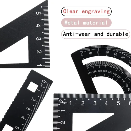 Vista 4 de Paquete de 4 herramientas de geometría matemática de metal negro de aleación de aluminio recto, transportador de regla triangular, herramientas