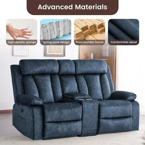 Vista 6 de Sofá reclinable de terciopelo, sofá biplaza reclinable doble con calor y masaje, sofá reclinable de pared con USB y tipo C, sofá reclinable