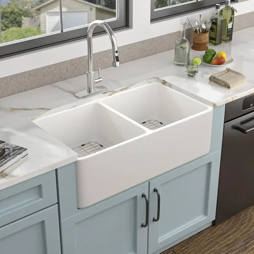 Vista 10 de 32"x19" White Undermount Kitchen Sink Double Bowl 50/50 Split