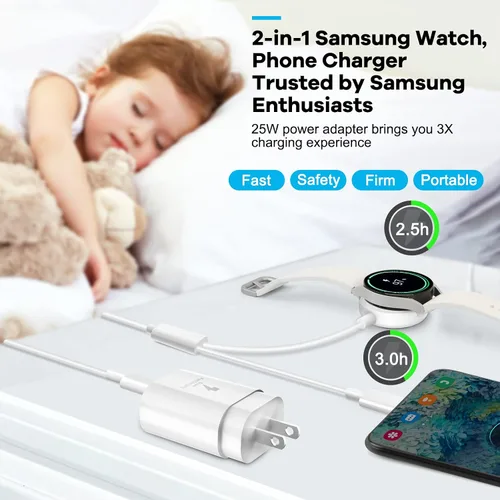 Vista 2 de Cargador 2 en 1 para Samsung Watch, cargador rápido USB C de 25 W, compatible con Galaxy Watch 8/8 Classic/Ultra/7/6/6 Classic/5 Pro/5/4/4 Blanco