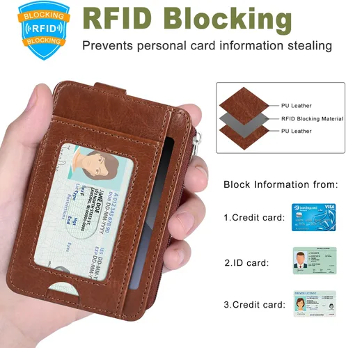 Vista 2 de Cartera de bolsillo frontal minimalista billeteras de cuero delgada billetera clip dinero bloqueo RFID, Marrón