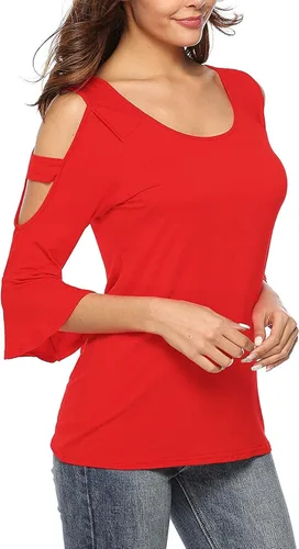 Vista 2 de Florboom Camisetas básicas de manga 34 para mujer con hombro descubierto camisetas casuales