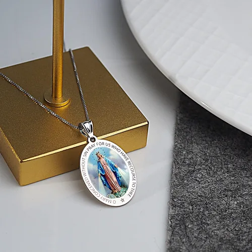 Vista 8 de Picturesongoldcom Collar de medalla milagrosa católica con colgante ovalado para mujeres y hombres hecho en oro amarillo o blanco de 10 K14 quilates