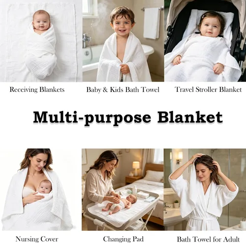 Vista 6 de Aablexema Juego de 2 mantas de muselina para bebé, 6 capas de 43 x 43 pulgadas, toallas de baño para niños y niñas (color blanco)