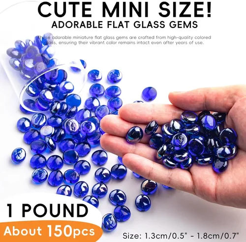 Vista 2 de 1 LB de mármoles de vidrio azul, cuentas de vidrio planas mini~150 PIEZAS para rellenos de jarrón, guijarros de gemas florales de Mancala, rocas