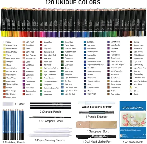 Vista 2 de 146 piezas de lápices de colores para dibujo y bocetos, suministros de arte incluyen lápices de carbón, coloreados, metálicos, acuarela, grafito