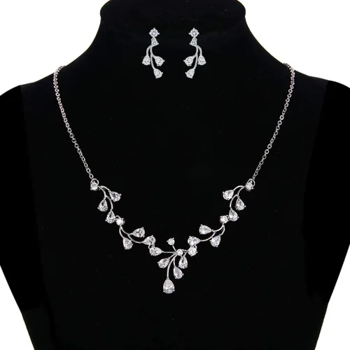 Vista 5 de Juego nupcial de collar en V EleQueen y aretes colgantes, con circonia cúbica, flor y lágrima, tono plateado, para mujer, latín, 16001682-2