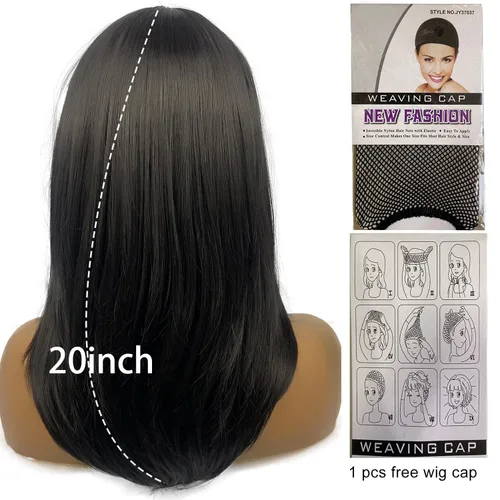Vista 3 de Pelucas largas negras para mujer, pelucas negras con flequillo, peluca sintética de longitud al hombro en capas para fiestas diarias (20 pulgadas)