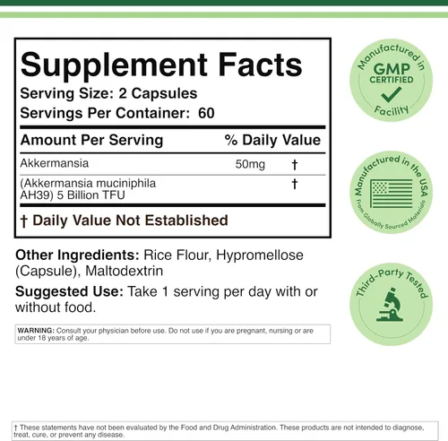 Vista 2 de Probiótico y Posbiótico Akkermansia (Aumenta la Producción de GLP-1) 120 Cápsulas, 50mg por Porción
