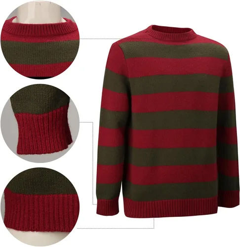 Vista 3 de Suéter Freddy de manga larga a rayas para hombre, diseño de pesadilla en el olmo, disfraz de Halloween