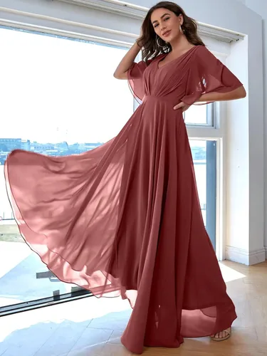 Vista 6 de BEAUTFOR Womens V Neck Batwing Sleeve Ruched Chiffon Bridesmaid Dresses Long Formal Wedding Party Gowns with Pockets BF06