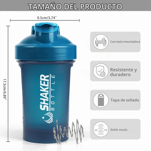 Vista 2 de Botella agitadora, botella agitadora pequeña de 400ml con bola mezcladora, portátil de 14oz para batidos de gimnasio, libre de BPA, 100% a prueba