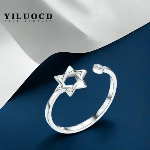 Vista 6 de YILUOCD Anillo de circón de estrella de David para mujer, amuleto simple Magen David Wiccano, anillos ajustables hexagonales, joyería judía