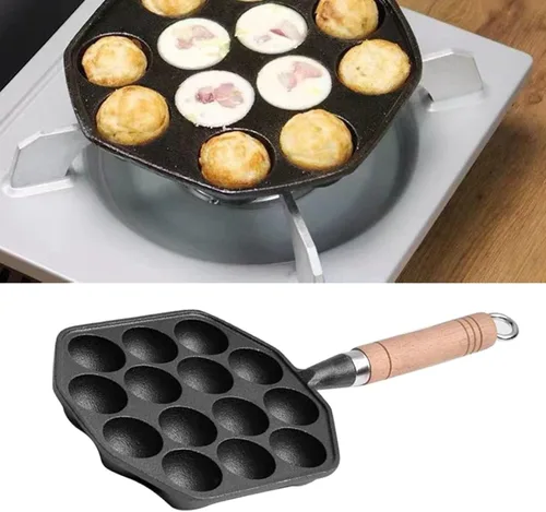 Vista 5 de HERCHR Takoyaki - Plato para parrilla, 14 agujeros, sartén Takoyaki, antiadherente, de hierro fundido, para hacer moldes con mango desmontable