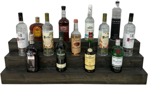 Vista 12 de Estantería de exhibición escalonada hecha a mano, exhibición de barra de tres niveles, organizador de barra, exhibición de botellas de licor
