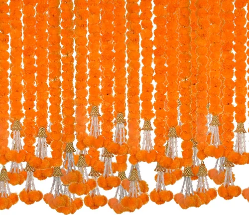 Vista 4 de 5 guirnaldas de caléndula de 5 pies de largo para decoración de hebras largas, flores artificiales de caléndula Decoración india para Pooja Boda