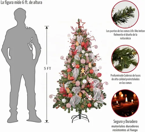 Vista 2 de WBHome Árbol de Navidad artificial preiluminado de 5 pies con 200 luces LED enchufables y juego de adornos, decoraciones de Navidad con temática