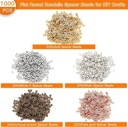 Vista 2 de 1000 cuentas espaciadoras redondas planas para manualidades, cuentas de disco de 5 colores para hacer joyas, pulseras, collares, aretes y 1000pcs; 5