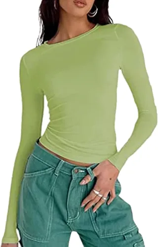 Vista 13 de Blusa corta básica casual para mujer, ajustada, manga larga, cuello redondo, color sólido, para otoño, camiseta ajustada Albaricoque