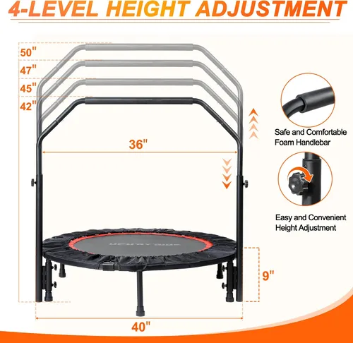 Vista 5 de Foldable Mini Trampoline Load 330lbs, 40"/48" Rebounder Trampoline for Adults with Durable Bungee Band and Adjustable Foam Handle for Home Gym