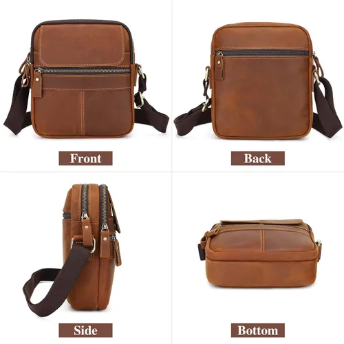 Vista 3 de BAIGIO Bolso cruzado de cuero genuino para hombre, bolso de hombro pequeño, maletín de mensajero de gran capacidad, bolsa de viaje