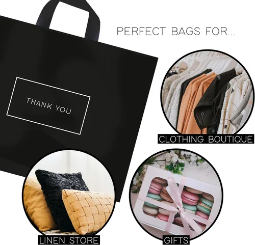 Vista 4 de Purple Q Crafts Thank You Bags for Business Black Plastic Bags 50 Pack with Soft Loop Handle