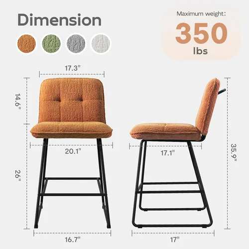 Vista 2 de Ollega Taburetes de bar de 26 pulgadas de altura de mostrador con respaldo, juego de 2, terciopelo marrón Powder-coated steel legs, comfortable