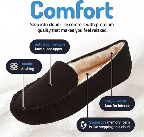Vista 20 de Floopi Pantuflas para mujer, forro de piel sintética suave con espuma viscoelástica acogedora, pantuflas de casa para mujer con suela antideslizante