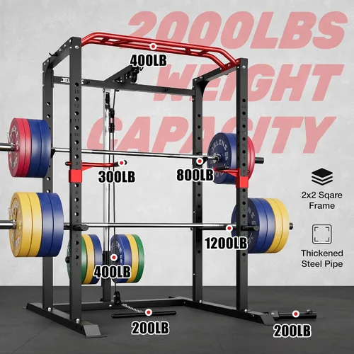 Vista 4 de Jaula de potencia JELENS, banco multifunción S11 con capacidad de 2000LBS, barra para sentadillas con sistema de poleas ajustable y más accesorios