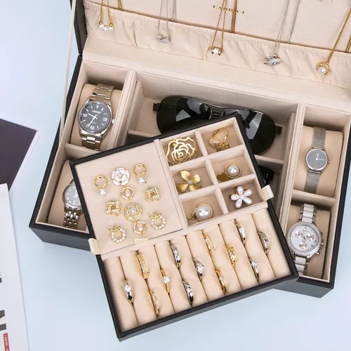 Vista 3 de LANDICI Joyero organizador para mujeres y niñas estuche grande de 2 capas para hombres con bandeja extraíble soporte de almacenamiento de joyas