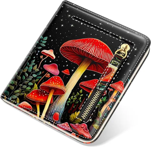 Vista 28 de Billetera de cuero genuino de lujo para mujer con bloqueo RFID, compacta, plegable, con ventana para identificación, Gato negro, Moderno