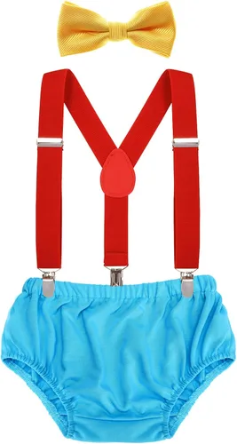 Vista 24 de AWAYTR Conjunto de bombones para bebé niño con tirantes y pajarita para fiesta de primer cumpleaños Beige