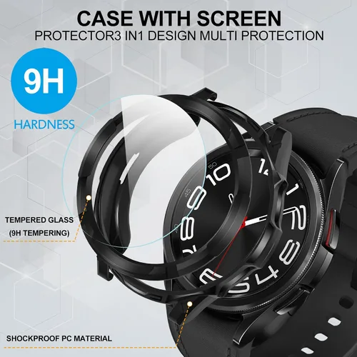 Vista 2 de Suoman Funda 3 en 1 para Samsung Galaxy Watch 6 Classic de 1.850 in, protector de pantalla de vidrio templado HD, cubierta protectora completa