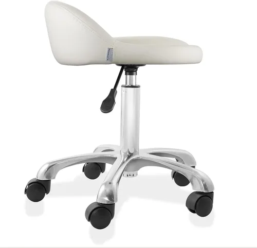 Vista 4 de Saloniture Taburete hidráulico rodante con respaldo bajo – Silla giratoria ajustable para spa, tienda, salón, masaje u oficina médica, color crema