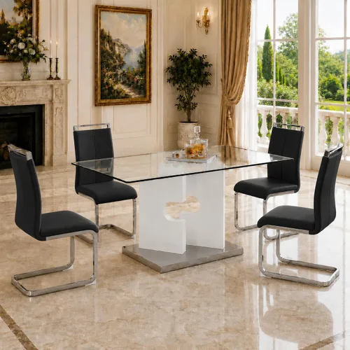 Vista 11 de Ebullient Juego de mesa de comedor de cristal de 63 pulgadas para 6, mesa de comedor de vidrio negro y base de MDF, mesa de cocina rectangular Mesa